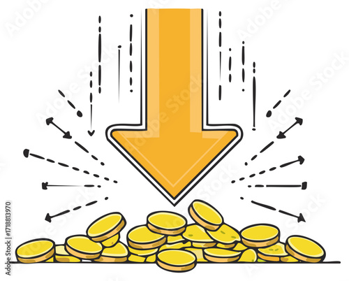 Financial concept arrow falling down to gold coins and financial success