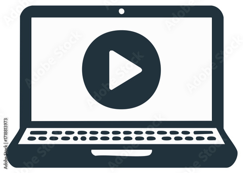 Laptop with video play button icon on the screen for streaming, webinar, or online course concept