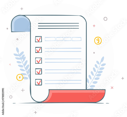 Checklist document with checkmarks, tasks list concept, planning and organization sheet, and complete items for efficiency.