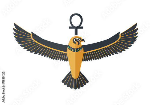 Flat vector image egyptian falcon w ankh symbol over head
