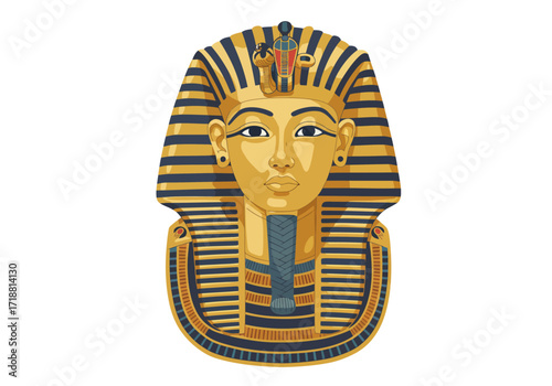 Gold Egyptian mask with blue stripes and ornate collar