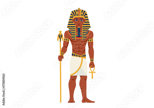 Fullbody Egyptian pharaoh illustration wearing a Nemes headdress and traditional clothing