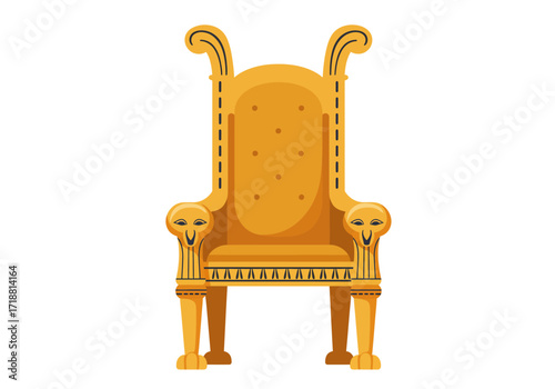 Gold Egyptian throne with lion armrests and curved backrest