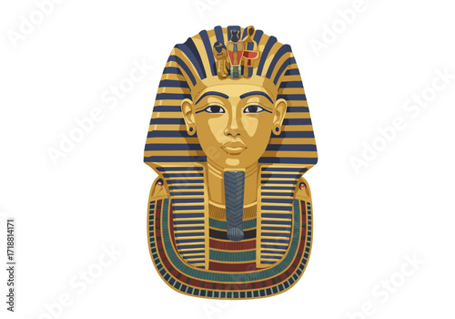 Gold Tutankhamun death mask with blue and red accents