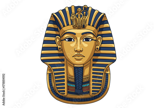 Gold Tutankhamun mask with blue stripes intricate details and a serene expression
