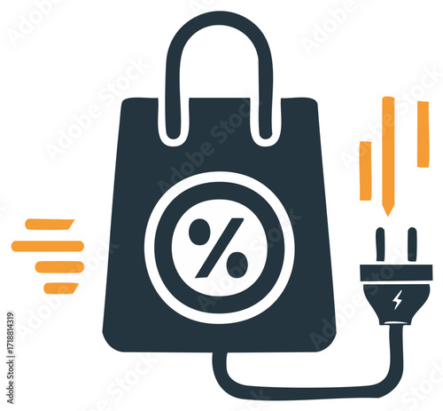 Shopping Bag with Percentage Sign and Electrical Plug Symbolizing Energy Savings on Purchases