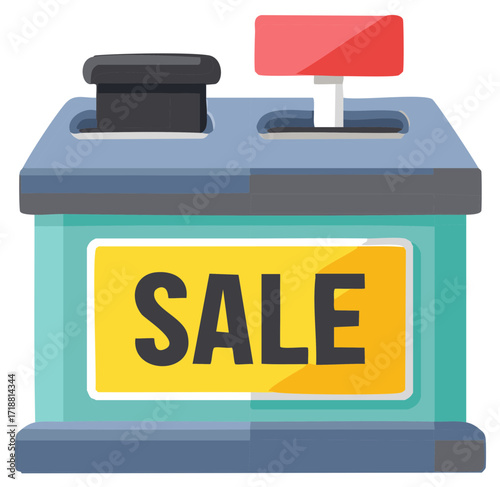 Vibrant Cash Register with Bright Sale Sign Symbolizing Shopping Discounts and Retail Promotions