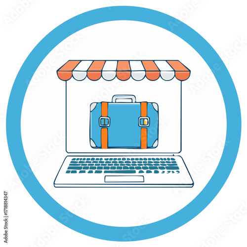 Online Travel Shopping Concept Laptop with Suitcase and Striped Awning for Storefront Graphic