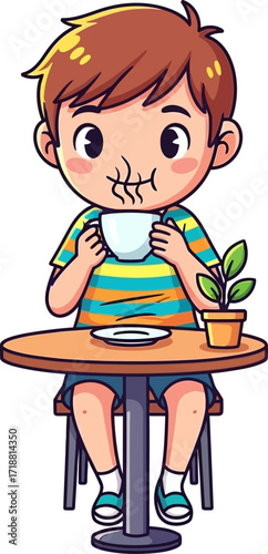 a boys morning delight sipping warmth and starting the day, isolated on transparent background