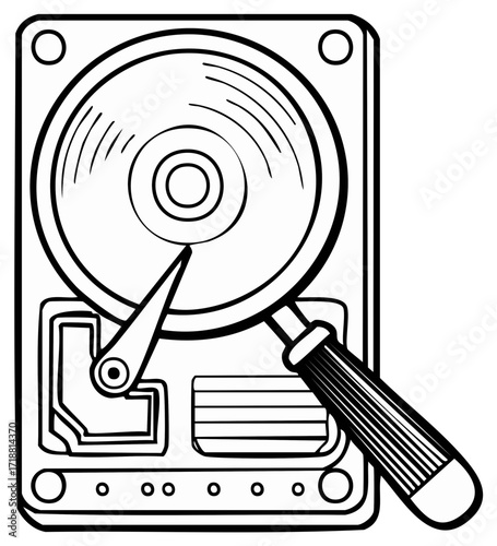 Hard disk drive with magnifying glass examining data storage for computer repair.