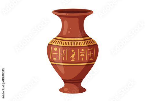 Redbrown Egyptian vase with decorative lines symbols and stylized bird design