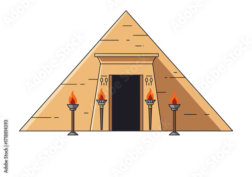 Pyramid entrance with torches on both sides of a dark door