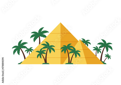 Pyramids  palms two yellow pyramids framed by palm trees of varying sizes on a white background