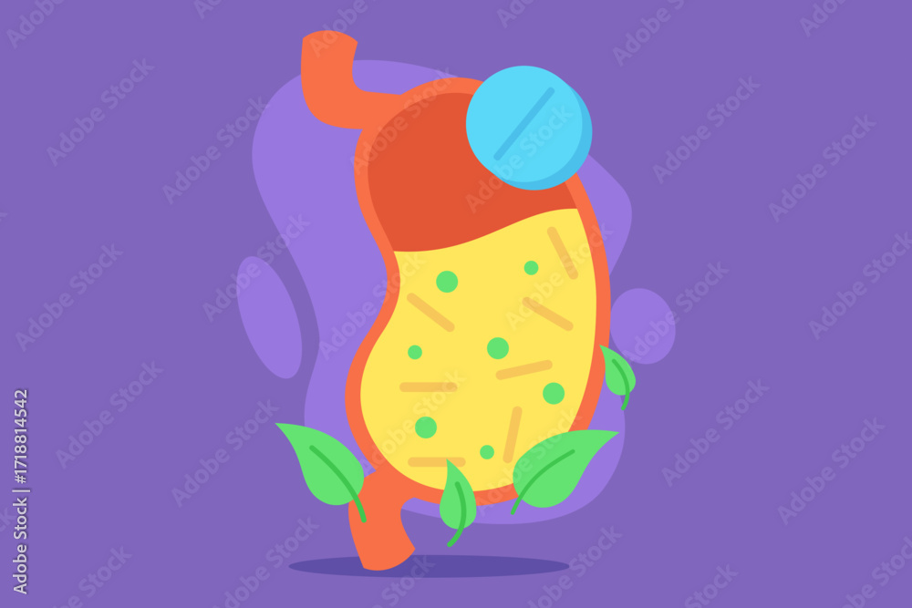 Naklejka premium Colorful illustration of stomach with vitamin capsule. Green leaves surrounding stomach, symbolizing healthy digestion and wellness
