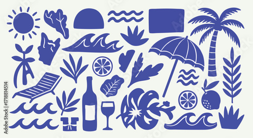 Vibrant summer vacation elements like sun, palm tree, umbrella, waves, and beach chair create a cheerful, relaxed mood for travel and leisure projects.