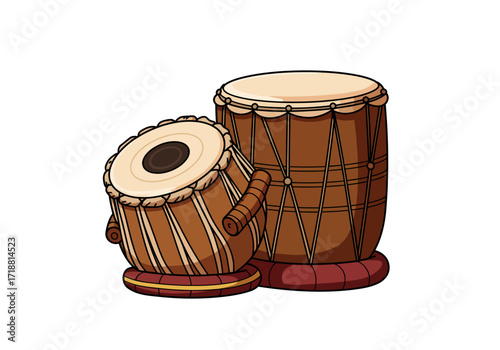 Two tabla drums one smaller and angled beside a larger upright drum