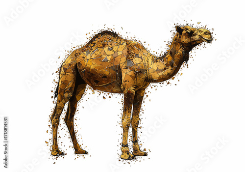 Shattered golden brown camel illustration with abstract geometric fragments standing.