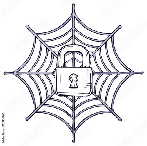 Conceptual illustration of a locked padlock on a spiderweb symbolizing internet security and data protection