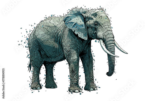 Majestic African Elephant with Fragmented Texture and Tusk Detail.