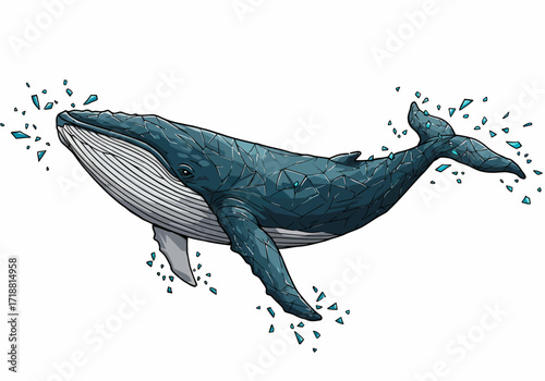Vibrant blue whale illustration with shattered geometric texture ventral pleats and dynamic pose.