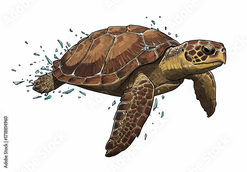 Detailed Illustration of a Swimming Sea Turtle with Brown Shell.