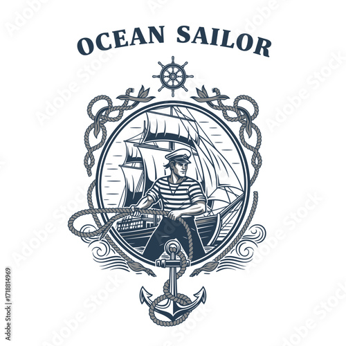 circle rope steering wheel sailboat antique vessel man carving black logo illustration