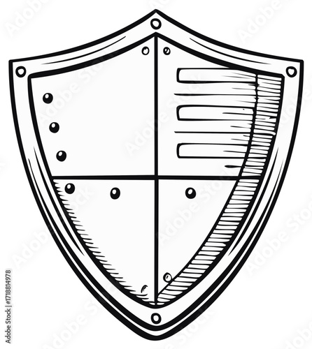 Outlined heraldic shield with rivets dividing panels with stripes and smooth metal surfaces black and white illustration