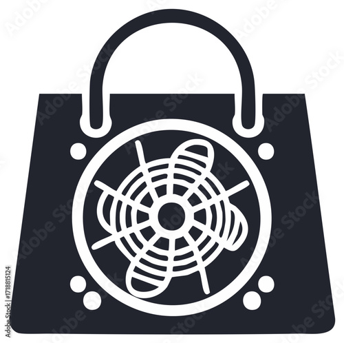 Minimalist vector icon of a shopping bag with a computer cooling fan for electronics retail and tech e-commerce