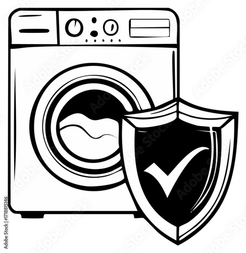 Protected Washing Machine with Warranty Shield and Checkmark Icon Vector Illustration