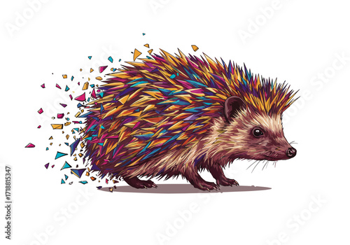Colorful Geometric Hedgehog Illustration with Fragmented Spines and Detailed Facial Features.