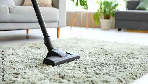Wallpaper Mural Person vacuuming a fluffy carpet in a modern living room, focus on vacuum cleaner head Torontodigital.ca
