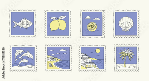 Vibrant collection of stylized postage stamps evokes summer travel with coastal scenes, marine life, and citrus motifs
