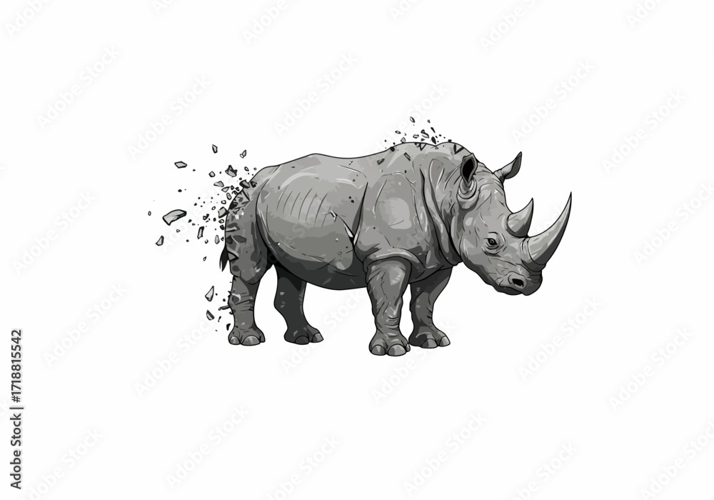 Fototapeta premium Grey Rhinoceros Disintegrating Detailed Illustration Fragmenting Rear Powerful Pose.
