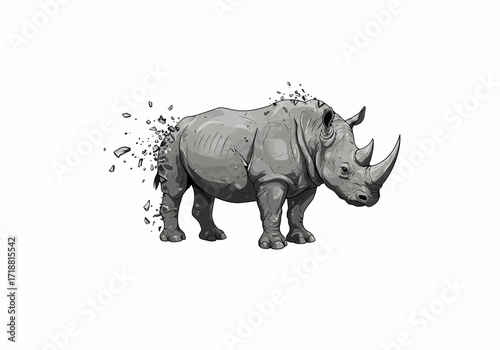 Grey Rhinoceros Disintegrating Detailed Illustration Fragmenting Rear Powerful Pose.