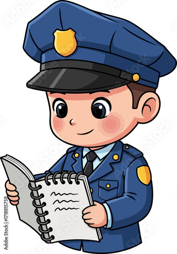 a junior police officers daily log a charming cartoon illustration, isolated on transparent background