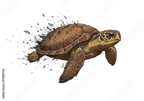 Powerful swimming sea turtle with a shattering carapace in a graphic novel illustration style.