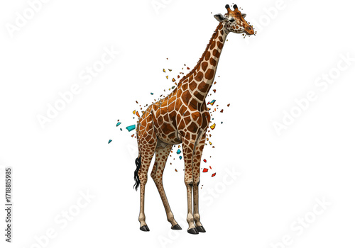 A stylized fullbody illustration of a standing giraffe disintegrating into colorful geometric shards.