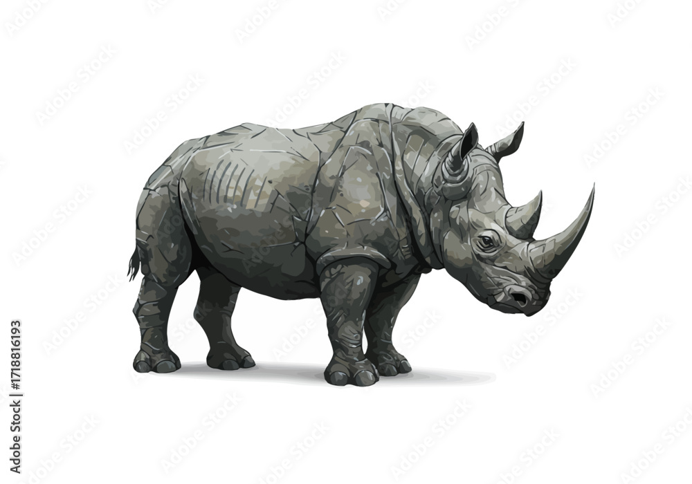 Fototapeta premium Powerful grey rhinoceros illustration with textured armorlike skin and two prominent horns standing.