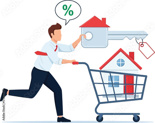 Man pushes shopping cart filled with houses and keys, symbolizing buying a home and interest rates.
