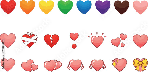 Collection of diverse heart icons representing love, emotions, and care in various colors and styles.