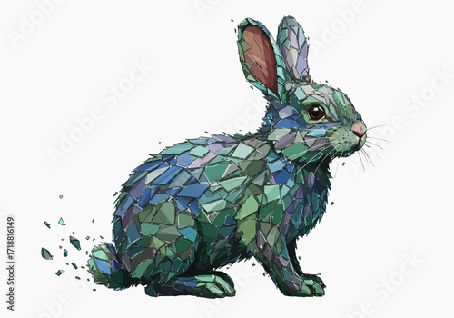 A stylized mosaic rabbit composed of green and blue geometric shards with a disintegrating tail.