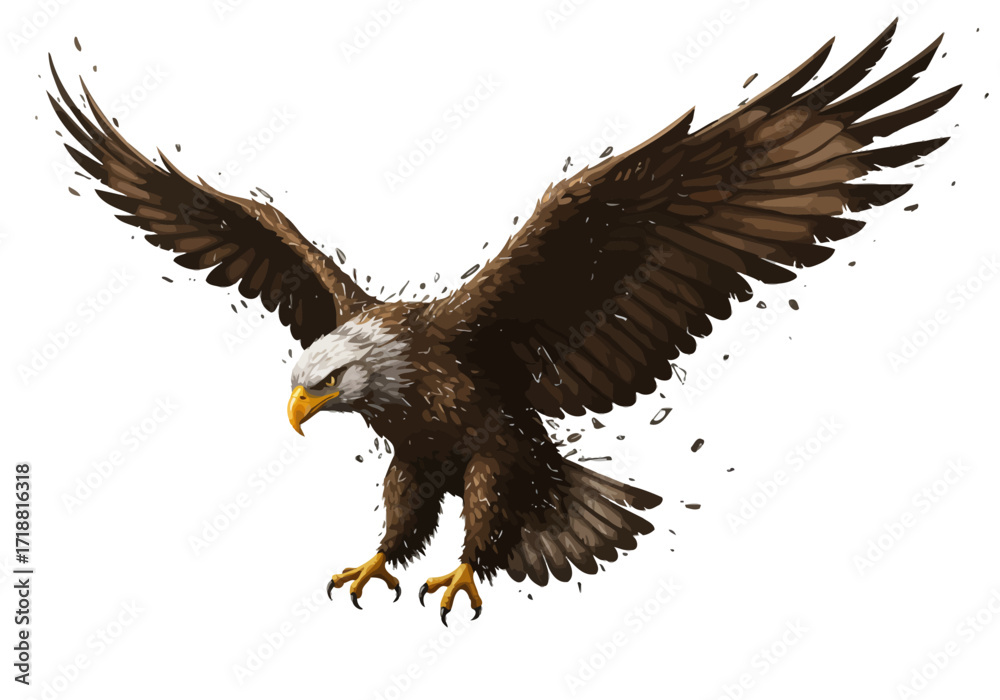 Fototapeta premium Majestic Bald Eagle in Dynamic Flight Spread Wings Extended Talons Stylized Illustration.