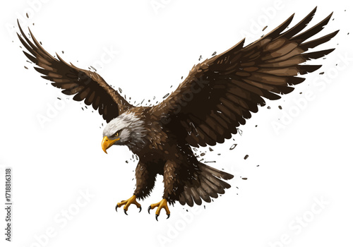 Majestic Bald Eagle in Dynamic Flight Spread Wings Extended Talons Stylized Illustration.