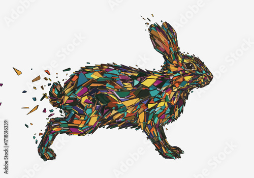 Abstract Geometric Rabbit Illustration with Vibrant Colors and Dynamic Pose.