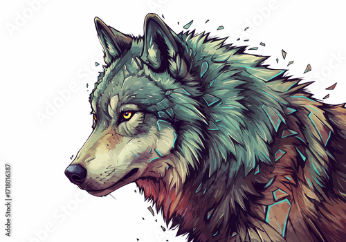 Artistic Wolf Portrait with Shattered Fur Detail.