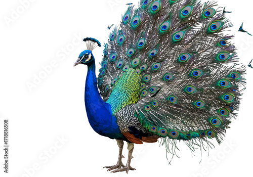 Majestic Peacock Displaying Iridescent Plumage and Crown Feathers.