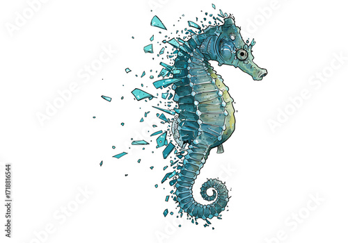 Illustrated blue seahorse with a curled tail shattering into sharp glasslike fragments.