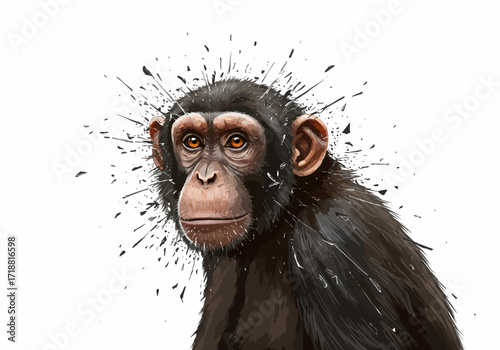 Artistic Portrait of a Chimpanzee with Splatter Effect and Detailed Features.