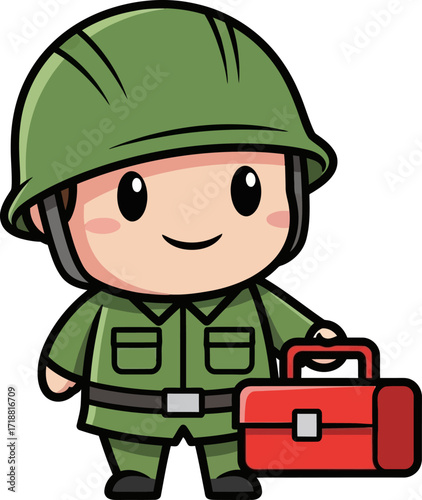 a little soldiers toolkit ready for duty, cartoon illustration, isolated on transparent background
