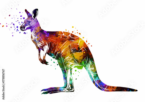Artistic kangaroo silhouette in profile with vibrant abstract watercolor textures and a dissolving effect.